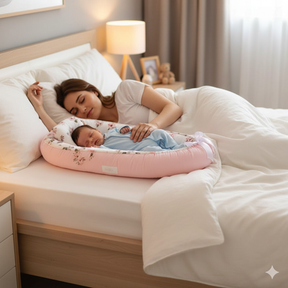 mère dort paisiblement à côté de son bébé dans réducteur de lit sécurisé