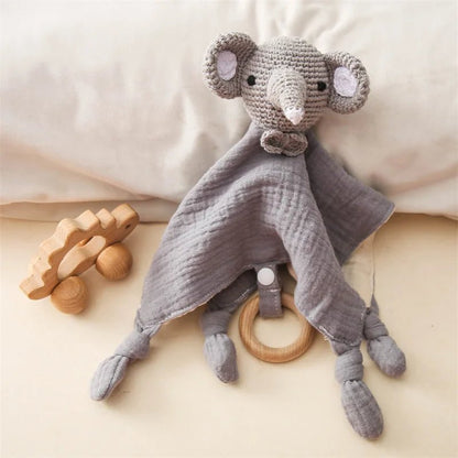 Peluche Doudou Bébé éléphant gris, coton mousseline, anneau de dentition bois, parfait pour bébé