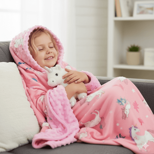 une petite fille plus âgée, confortablement installée et heureuse avec son plaid licorne