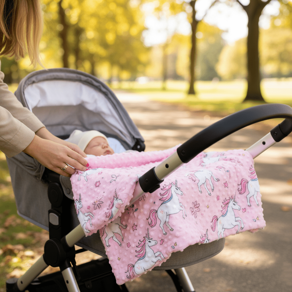 Plaid bébé licorne rose Minky utilisé dans une poussette lors d'une promenade