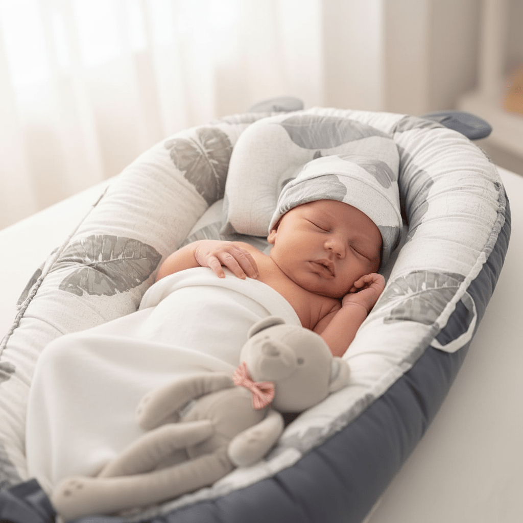 Réducteur de Lit Bébé-Cocon Motif Feuillages en Usage - Nouveau-né paisiblement endormi dans son cocon sécurisé avec motifs botaniques gris, démonstration du confort optimal