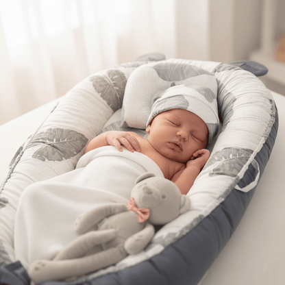Réducteur de Lit Bébé-Cocon Motif Feuillages en Usage - Nouveau-né paisiblement endormi dans son cocon sécurisé avec motifs botaniques gris, démonstration du confort optimal