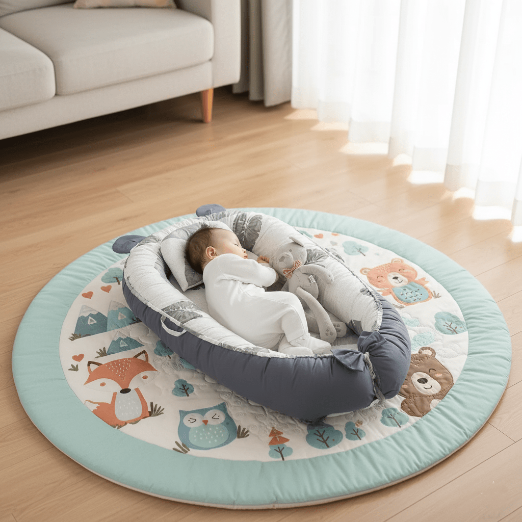 Réducteur de Lit Bébé-Cocon sur Tapis de Jeu - Ensemble complet avec tapis rond motifs renard et animaux de  forêt, parfait pour éveil et repos de bébé