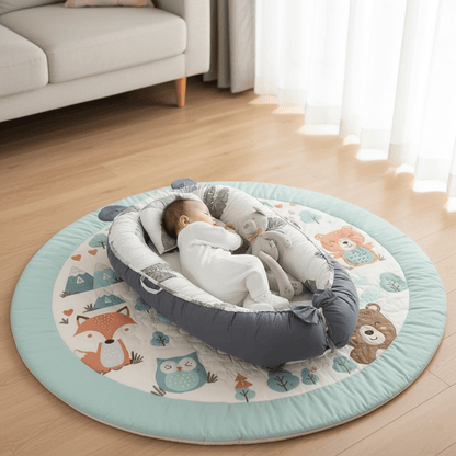 Réducteur de Lit Bébé-Cocon sur Tapis de Jeu - Ensemble complet avec tapis rond motifs renard et animaux de  forêt, parfait pour éveil et repos de bébé