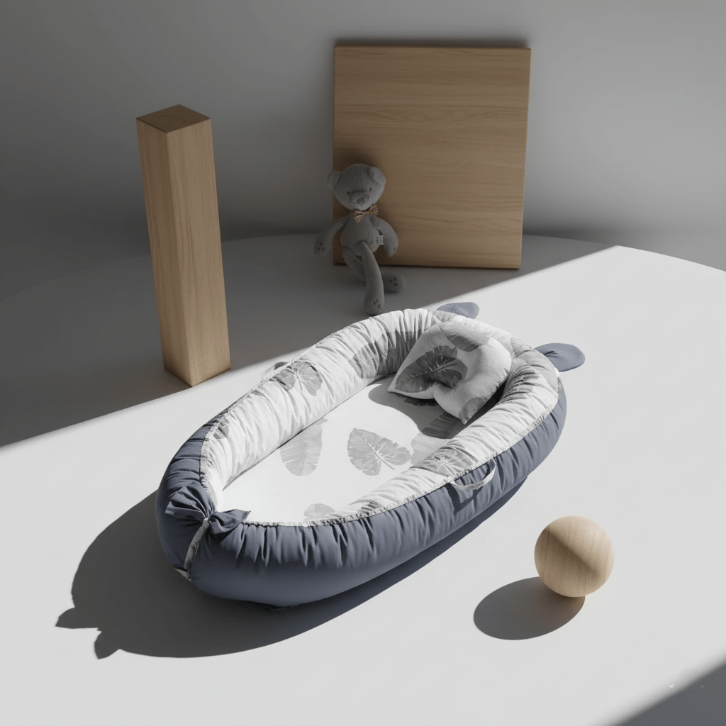 Réducteur de Lit Bébé-Cocon Motif Feuillages - Nid portable avec motifs botaniques gris sur fond blanc, bordures bleues, parfait pour chambre moderne et décoration scandinave