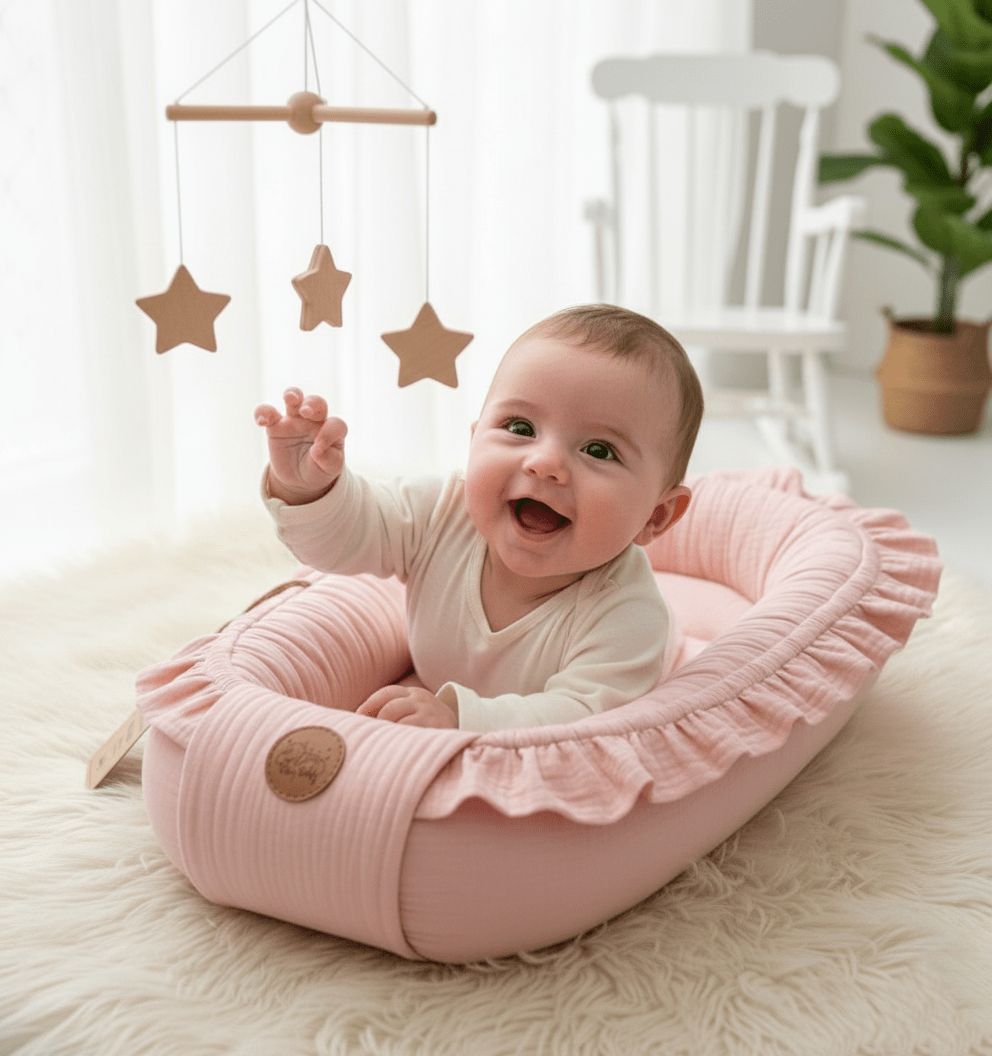 Bébé souriant dans réducteur lit coton bio