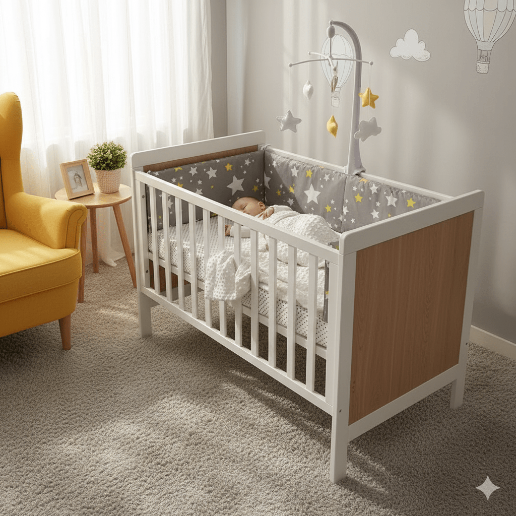 Ambiance nordique pour la chambre de bébé avec ce tour de lit  bébé étoilé