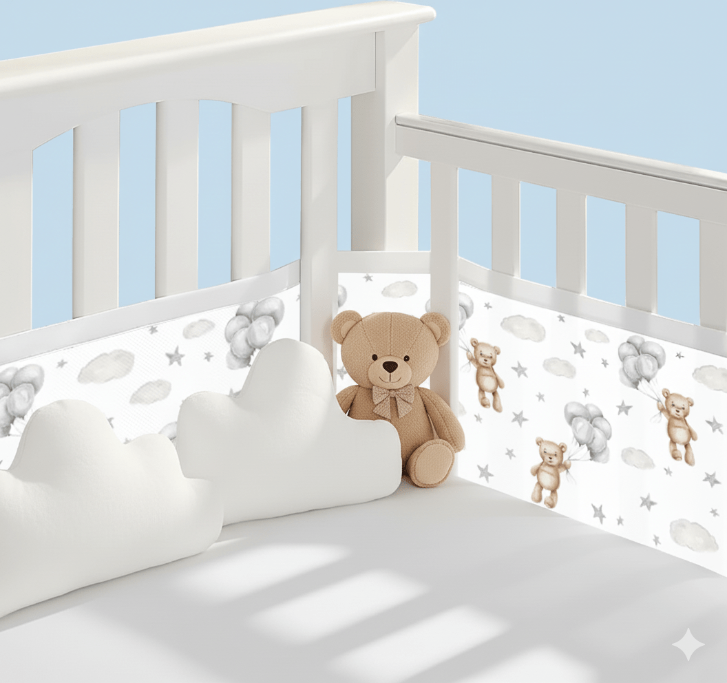 Tour de lit respirant à motifs d'oursons gris sur nuages et étoiles, avec coussins doux en forme de nuages et  ours en peluche