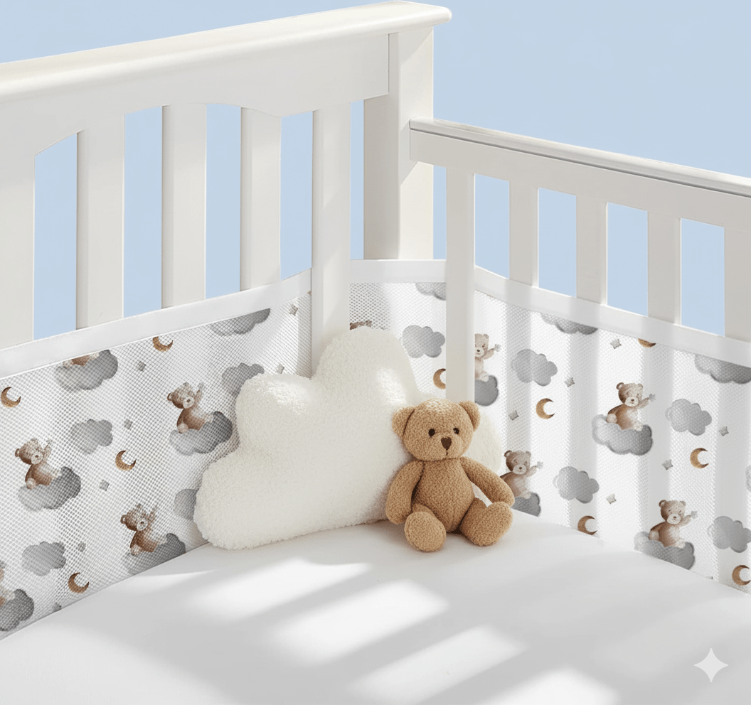 Tour de lit respirant gris et blanc à motifs d'oursons sur  nuages, avec coussin doux en forme de nuage et ours en peluche.