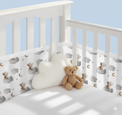Tour de lit respirant gris et blanc à motifs d'oursons sur  nuages, avec coussin doux en forme de nuage et ours en peluche.