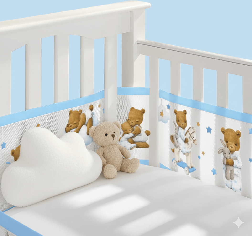 Tour de lit respirant à motifs d'oursons et d'étoiles bleues, avec ours en peluche et coussin en forme de nuage