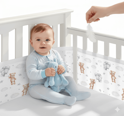 bébé souriant tient doudou dans  lit avec tour de lit respirant à motifs d'oursons et d'étoiles