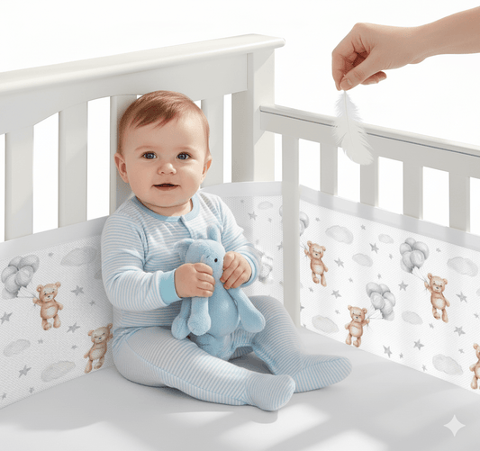 bébé souriant tient doudou dans  lit avec tour de lit respirant à motifs d'oursons et d'étoiles