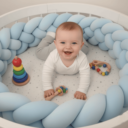 Bébé souriant assis dans son lit entouré de la tresse de lit bleu ciel 4 brins avec jouets colorés