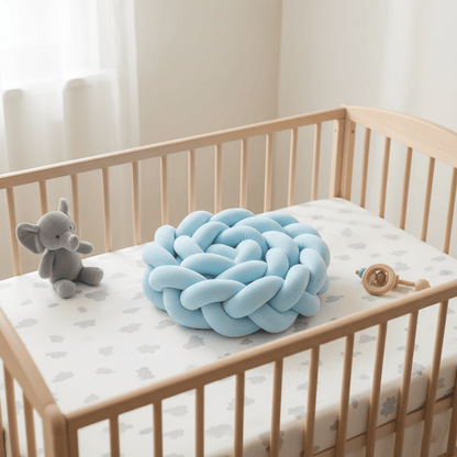 Tresse de lit 4 brins bleu ciel posée dans lit en bois naturel avec peluche éléphant et hochet