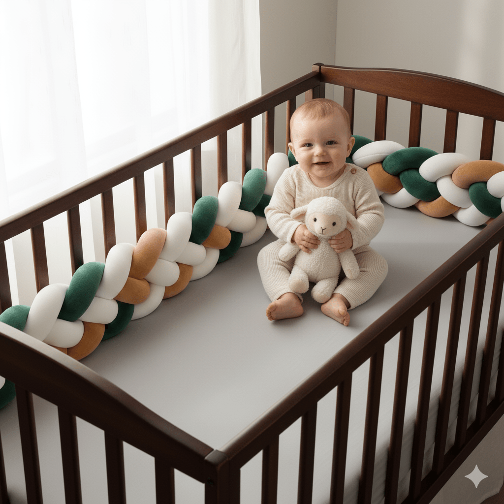 bébé souriant est assis dans son berceau avec tresse de lit verte, marron et blanche