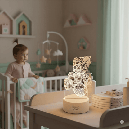 Veilleuse bebe en forme d'ours dans une ambiance douce de nuit 