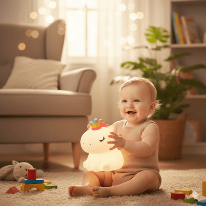 veilleuse bébé licorne dans  main bébé jouant dans salon