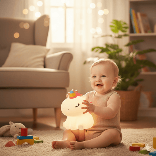 veilleuse bébé licorne dans  main bébé jouant dans salon