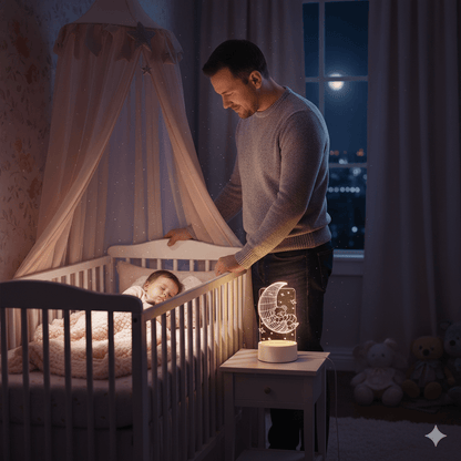 veilleuse bebe d'ourson sur lune  allumée sur la table de chevet