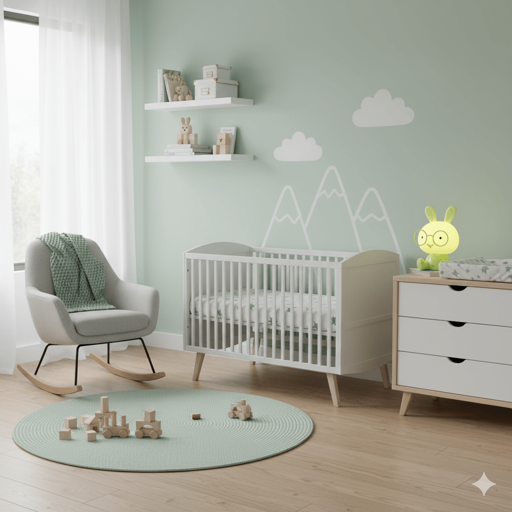 Veilleuse Lapin à Lunettes  vert dans chambre moderne de bébé