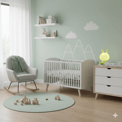 Veilleuse Lapin à Lunettes  vert dans chambre moderne de bébé