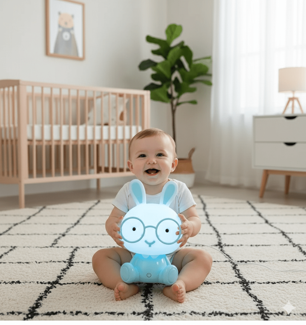 Veilleuse Lapin à Lunettes dans deux mains de bébé