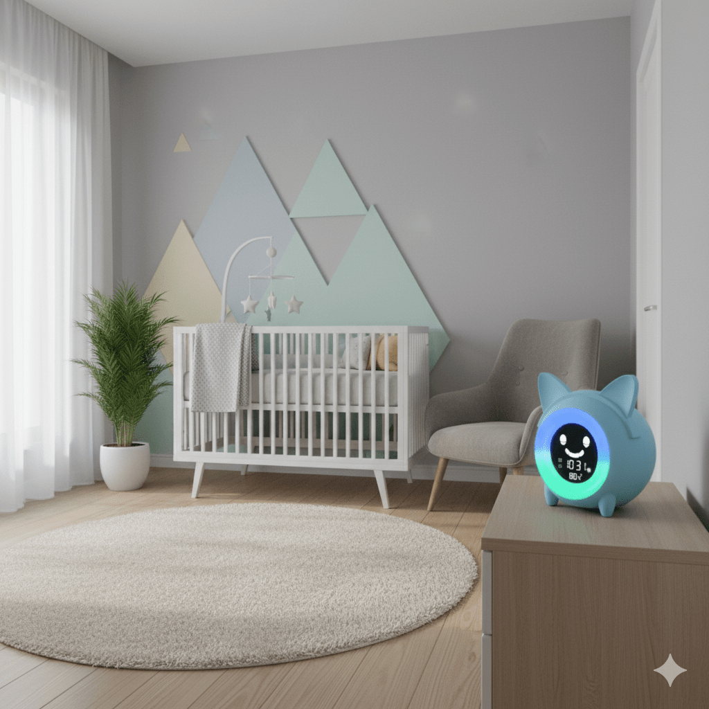 Veilleuse Pour Bebe Réveil Éducatif bleu luxe sur table de nuit
